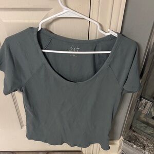 Maurices Ribbed Scoop Short Sleeve Top in Slate Blue-Green